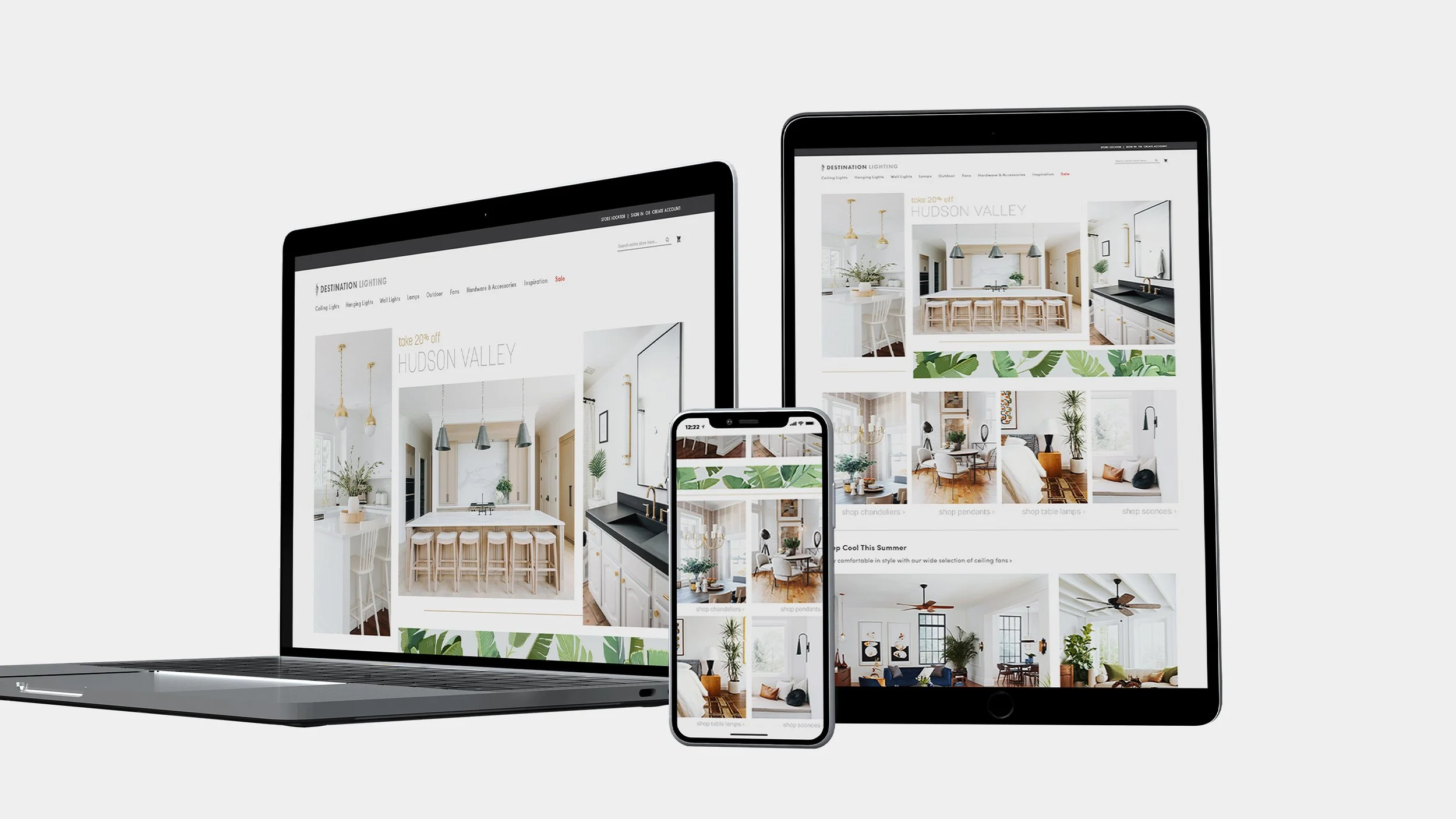 Multiple devices displaying an interior design website with images of a modern kitchen, living room, dining area, and decor items.