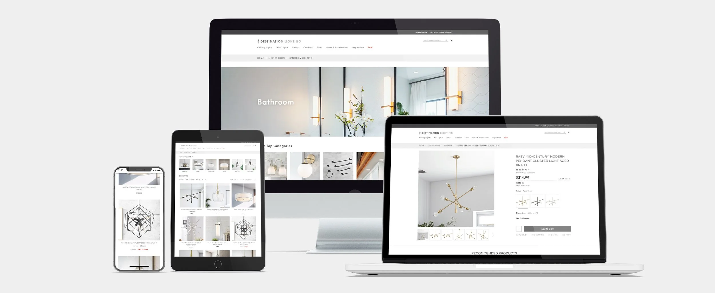 Multiple devices displaying an online store for lighting fixtures, with various lamps and chandeliers shown on screens.