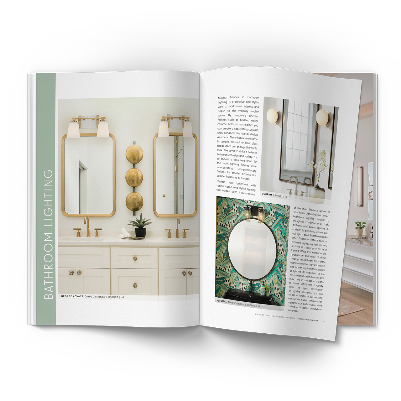 Open magazine displaying bathroom lighting ideas with two mirrors, wall sconces, a decorative wall piece, and a circular mirror with patterned wallpaper.