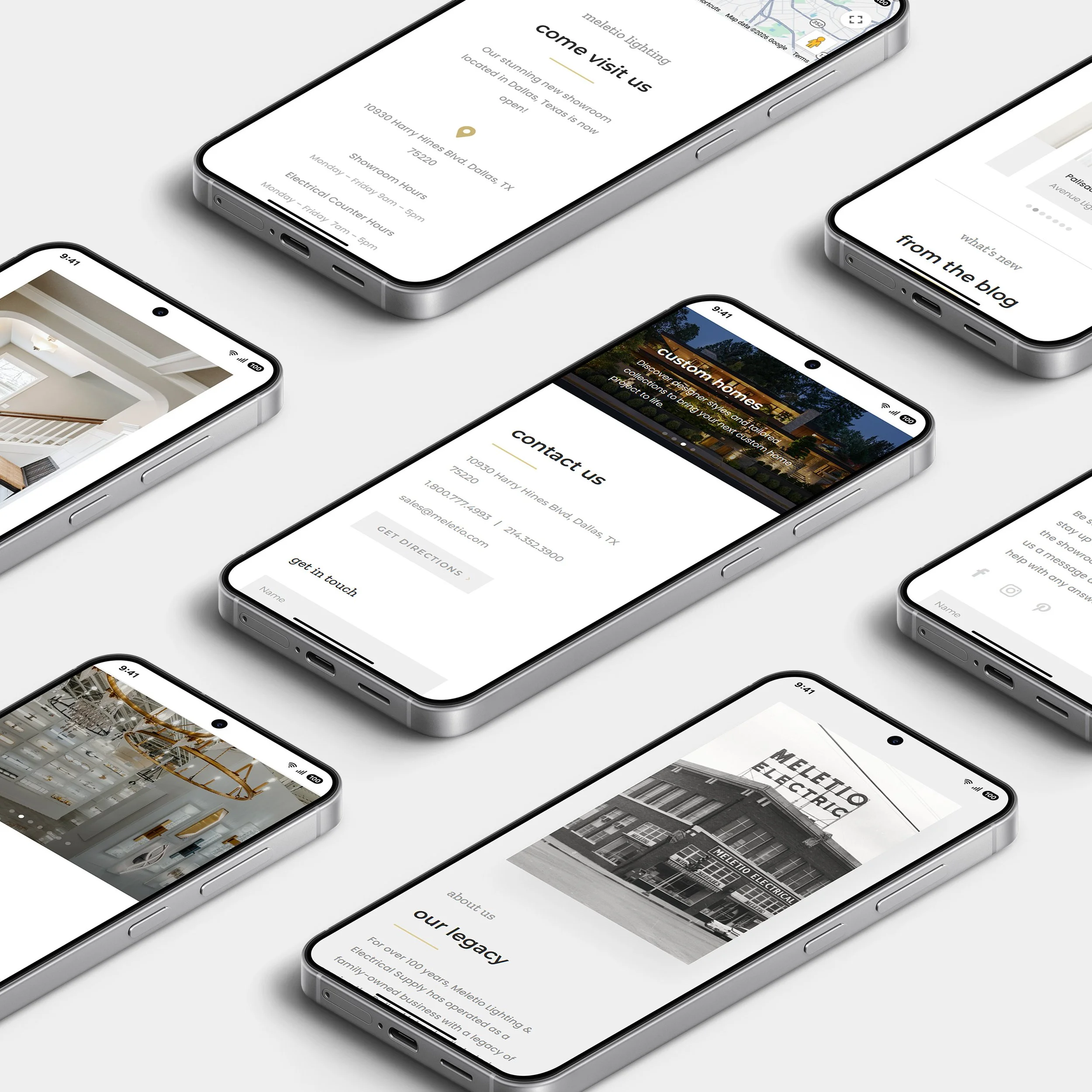 Multiple smartphones display web pages related to electrical lighting, home design, and company information, arranged on a white surface.