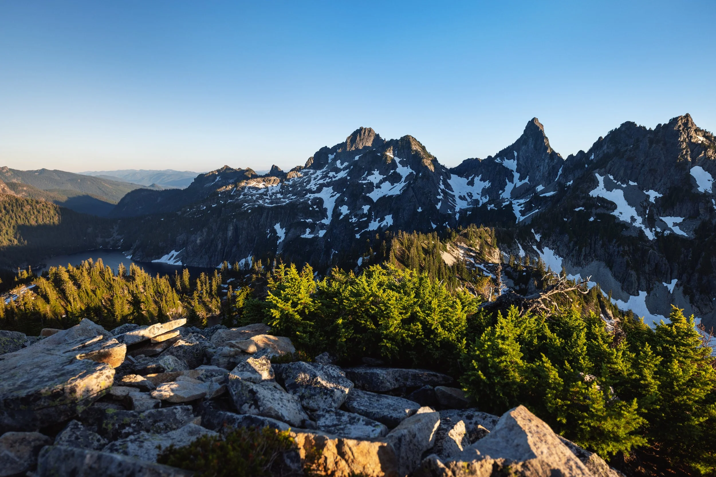 Mountain range with peaks and some patches of snow, a forest in the foreground, and a clear blue sky.