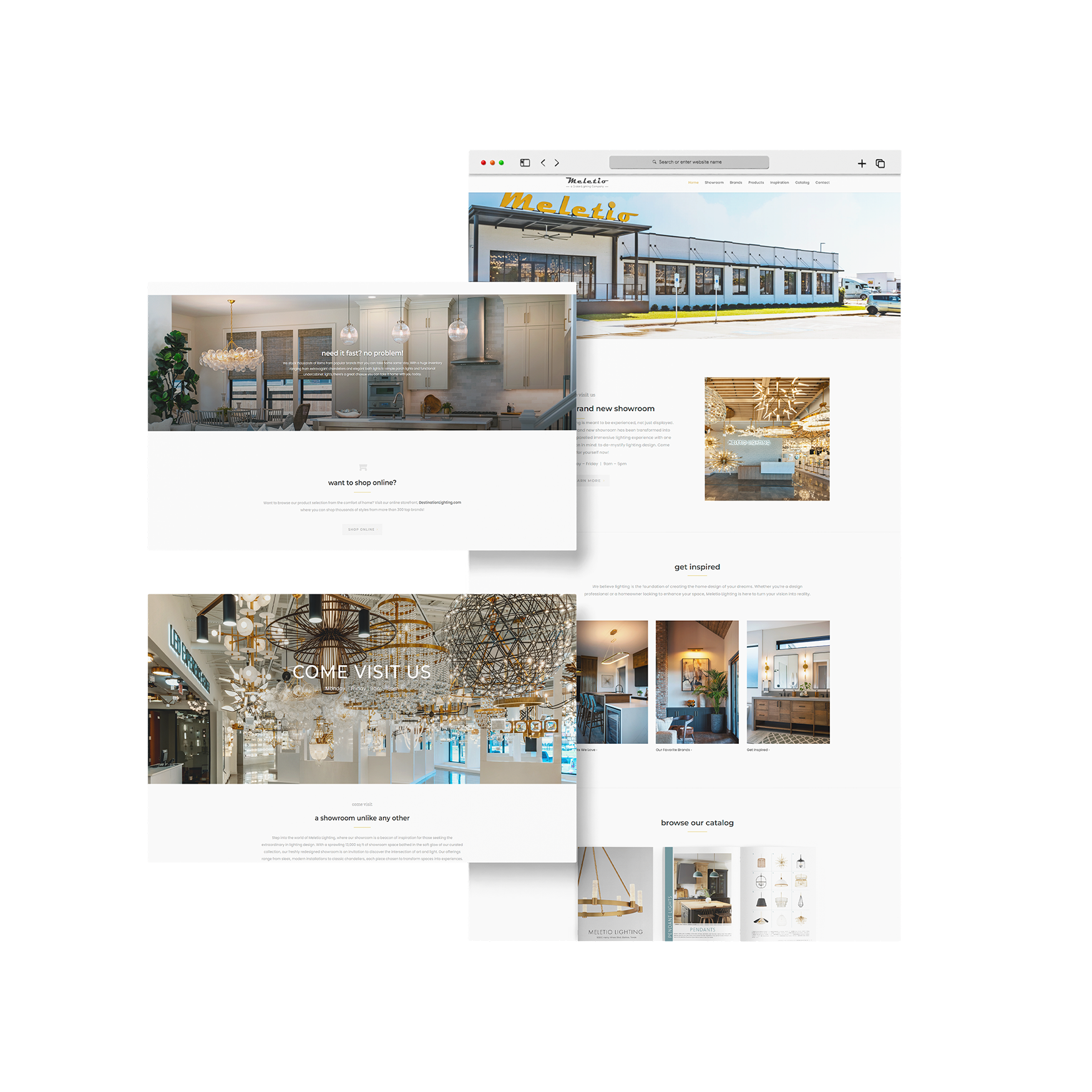 Screenshots of a furniture and lighting store website, showcasing various home interior displays and lighting fixtures.