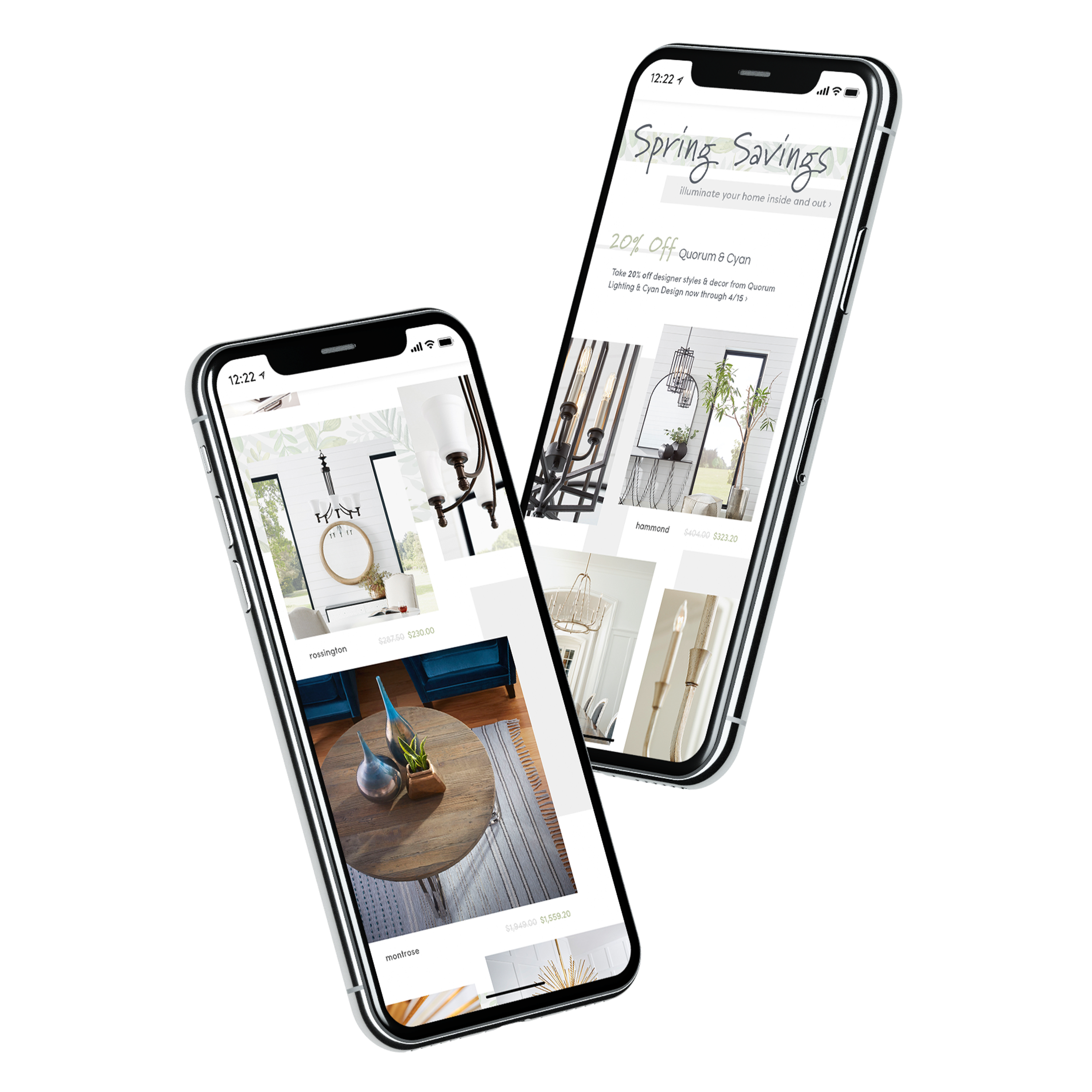 Multiple smartphones displaying online home decor and furniture shopping websites with images of lighting fixtures, mirrors, and furniture.