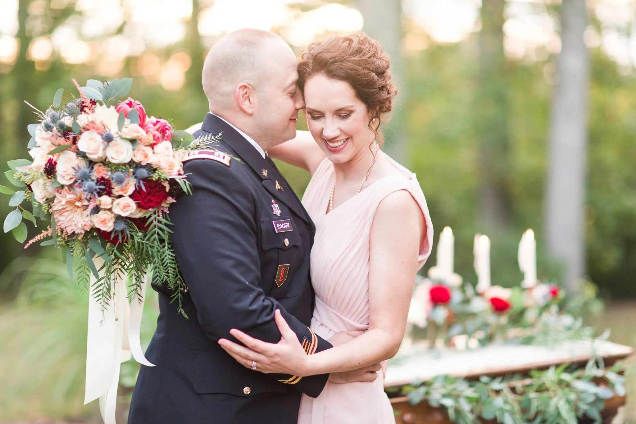 Bride and Groom Outdoor Military Wedding Vow Renewal Blush Flowers.jpg