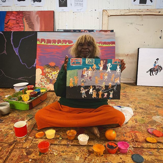 Eunice Porter painting a party! She giggled as she pointed out the band playing and all the people dancing.
There is a man sitting on his computer in the middle too..Why not?! Haha awesome! I’m taking this bad boy home!
(Image taken and shared