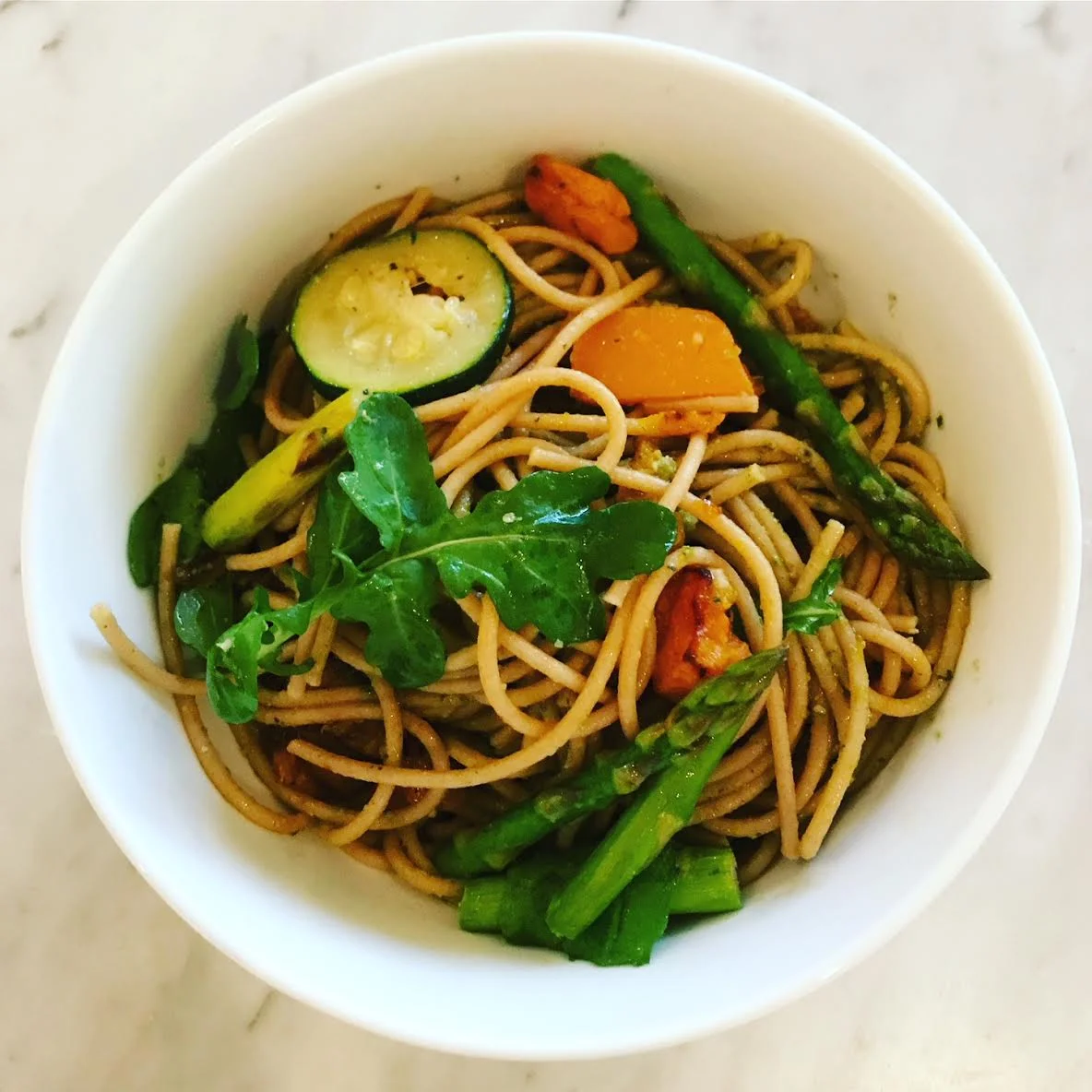 Pesto Spaghetti with Pumpkin and Asparagus