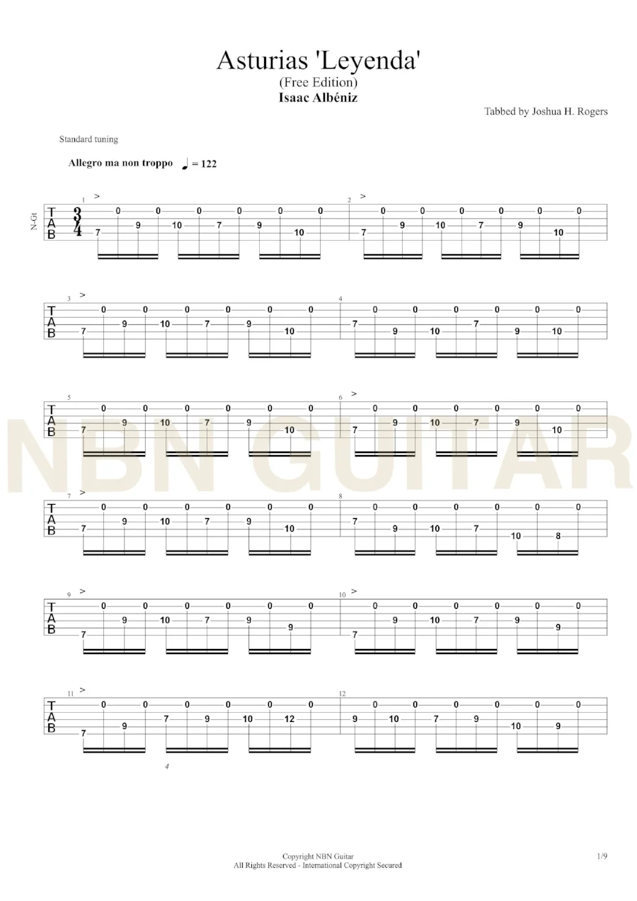 Asturias Free Classical Guitar Tabs — NBN Guitar