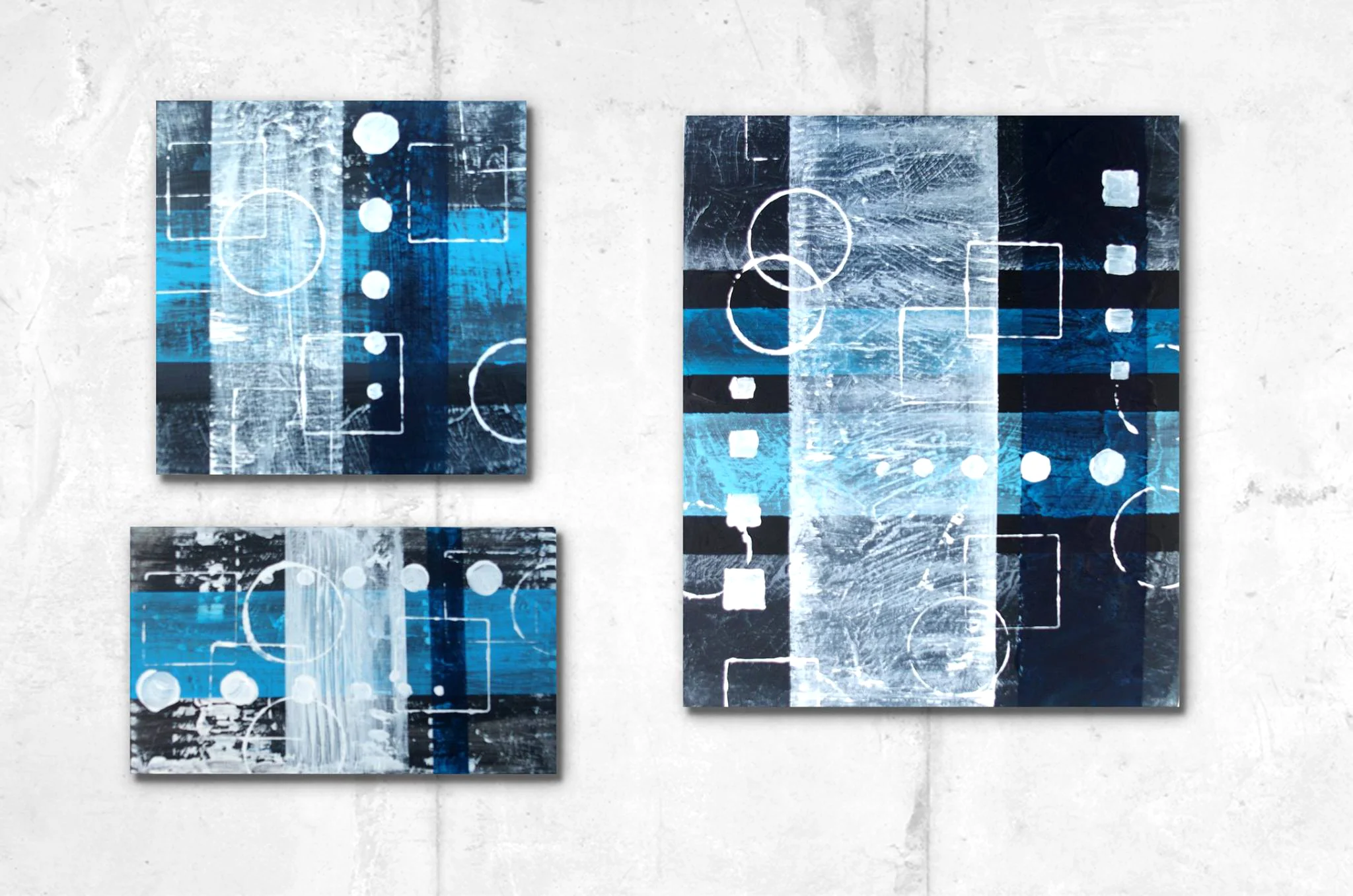   Set of 3 (S3: 273mm × 273mm, M4: 333mm × 190mm, F8: 455mm × 380mm) ・ACRYLIC ON CANVAS  
