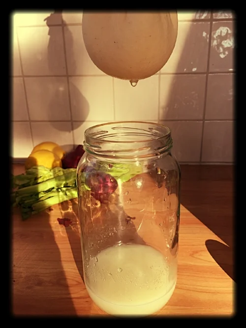 Her har jeg hengt opp hjemmesyrnet kefir i et osteklede og lar mysen dryppe av. Da får jeg en ostemasse som kan bli til en delikat og smaksrik ost pluss at jeg får den fantastiske mysen som kan brukes til så mye.Se oppskrift på nydelig ost du kan la…