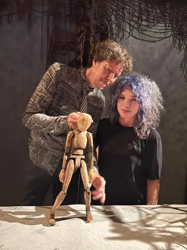 Fred C. Riley III and Lisa Zagone with wooden tabletop puppet from Odd Savvy's "Hold" 2025