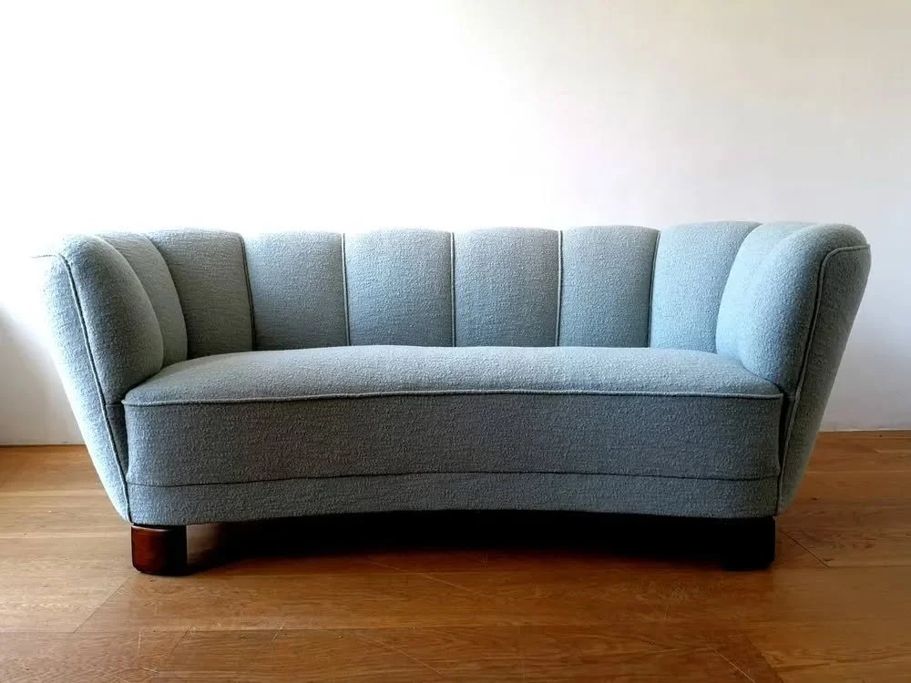 1930's Danish Banana Sofa,fully reconditioned and upholstered in Isle Mill pure wool boucl&eacute;

Reduced to clear &pound;1,995.00 excl delivery .