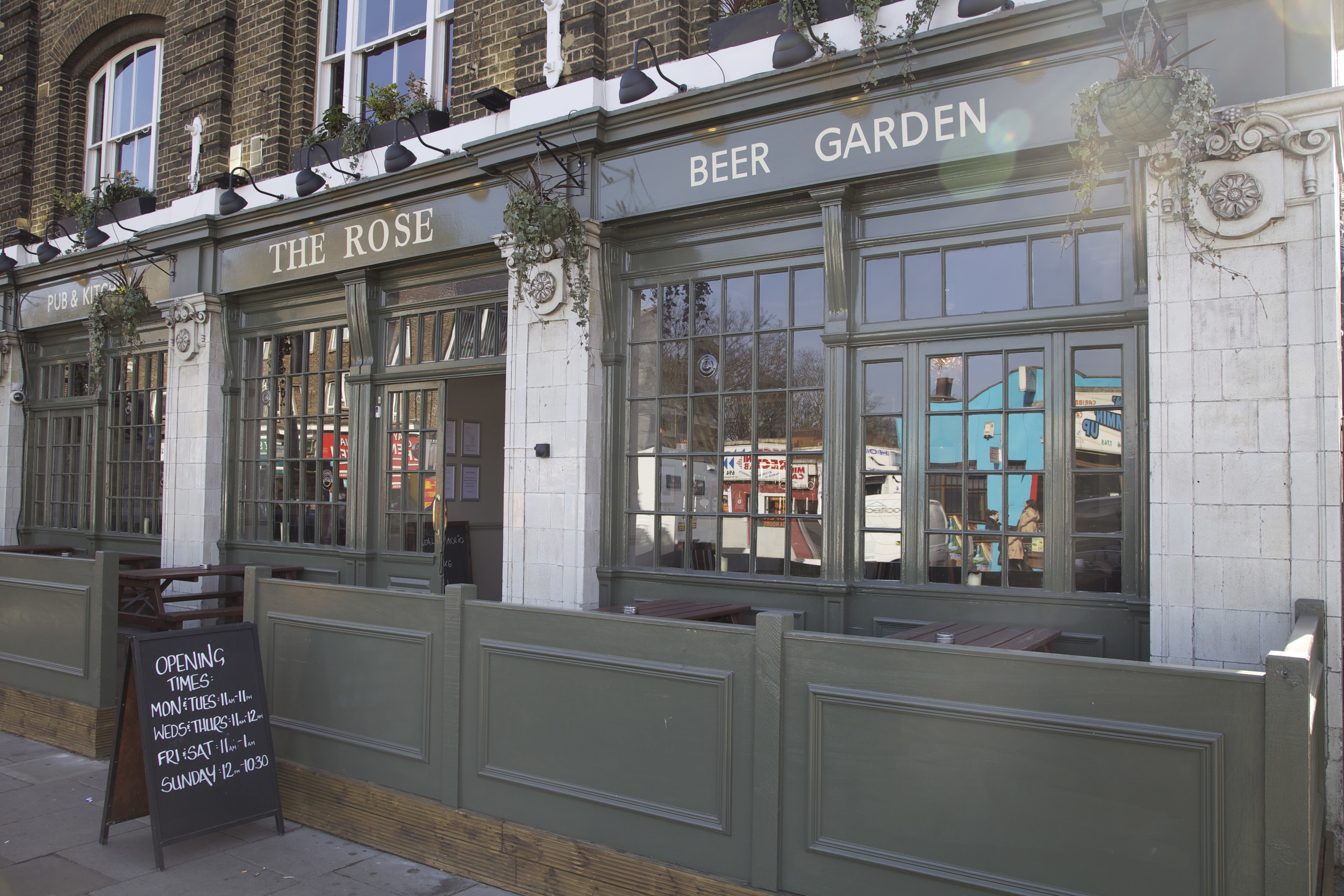 The Rose New Cross pub, kitchen and beer garden.