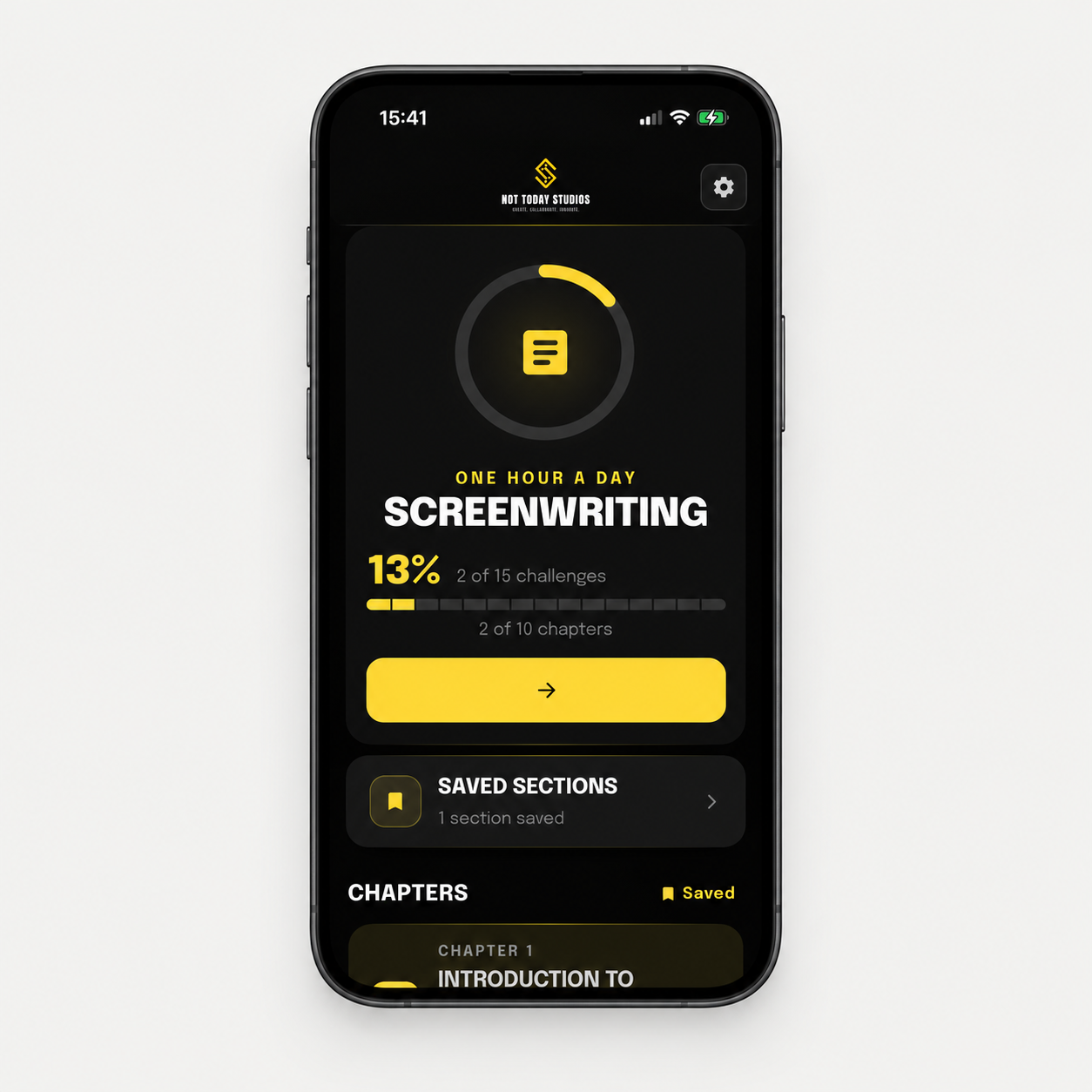 Screenwriting: One Hour a Day home screen with lesson progress, shown in a straight-on phone mock-up.