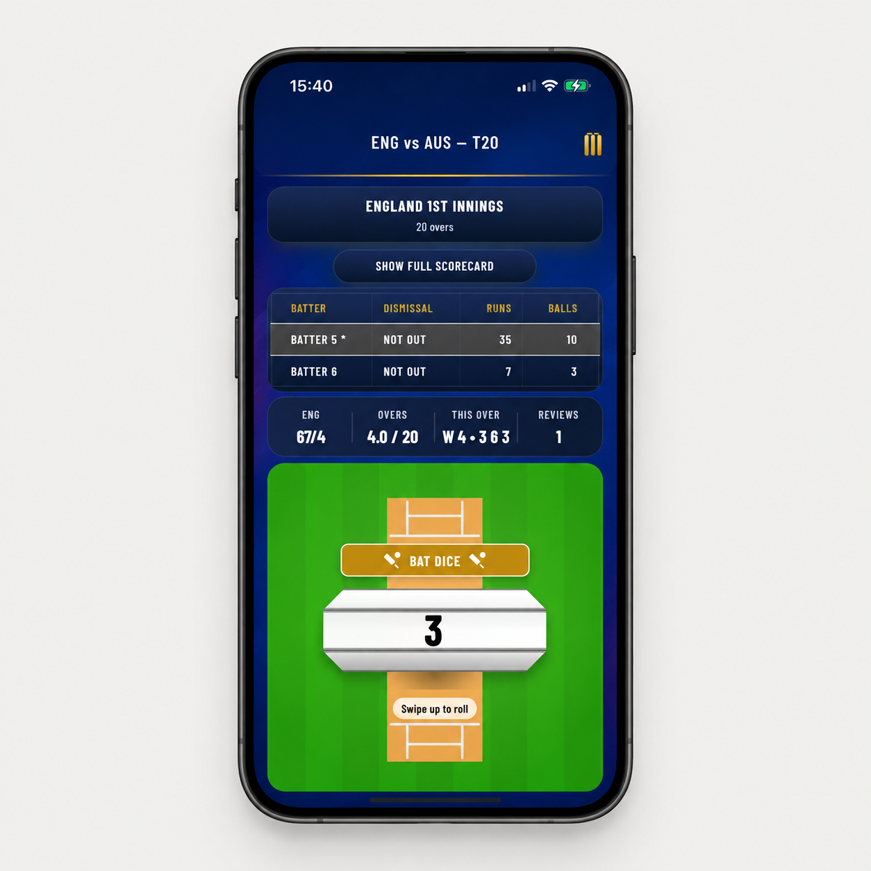 HOWZAT! Dice Cricket gameplay and scorecard shown in a straight-on phone mock-up.