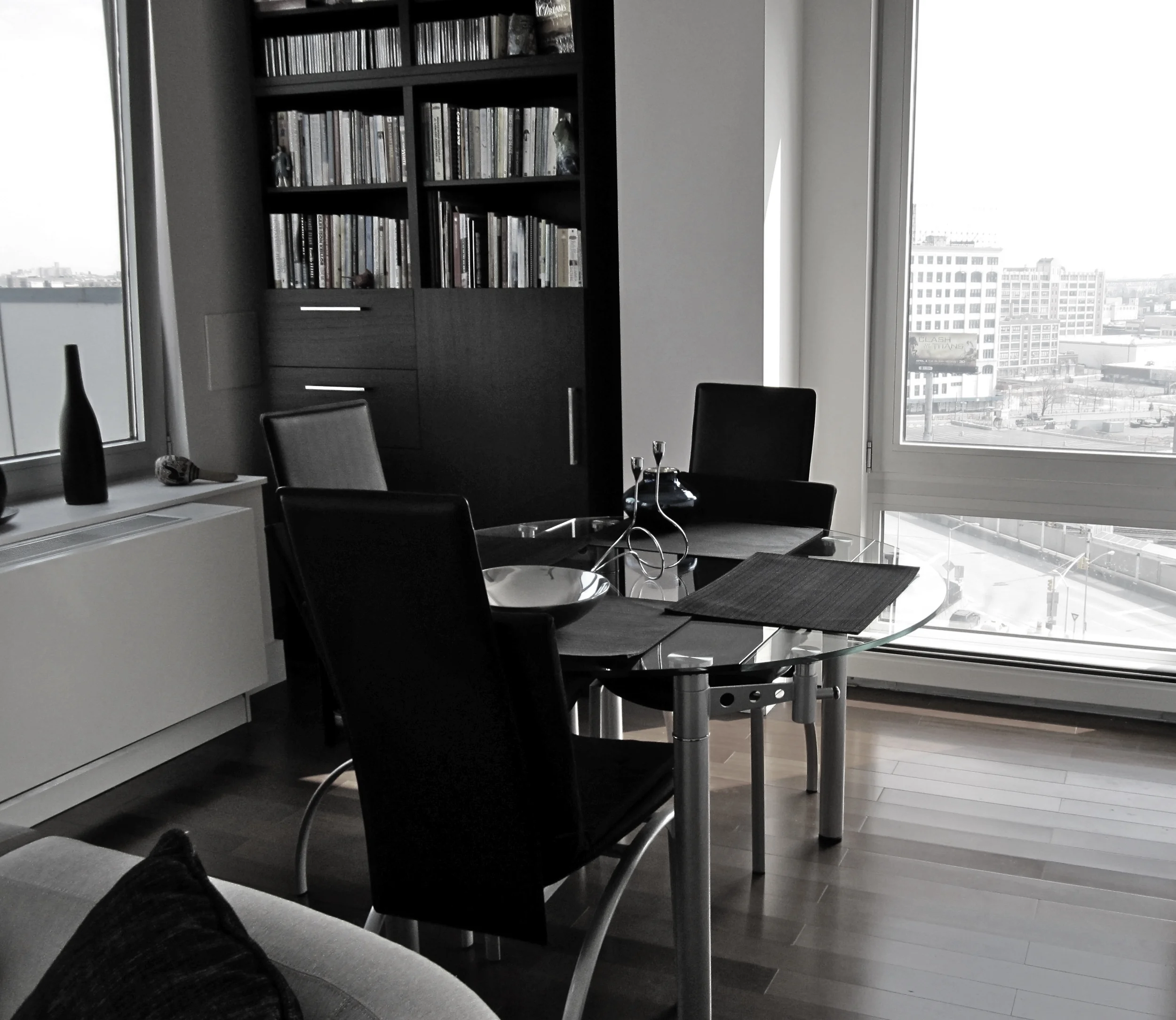  Dining Area (before) Increased floor space of tight dining corner by lowering leaves of table and rotating table to enhance traffic flow. 