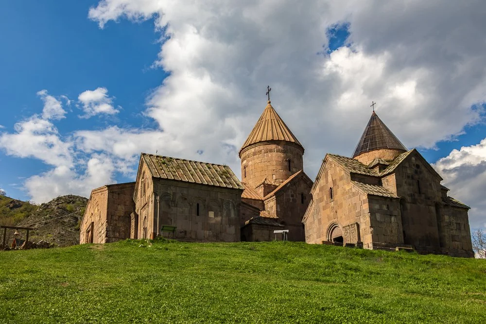   Goshavank Monastery  was founded in 1188 by Mkhitar Gosh, a medieval Armenian scholar and jurist who wrote the country's first legal code. The complex includes several churches, a bell tower, a book depository, and former school buildings.  