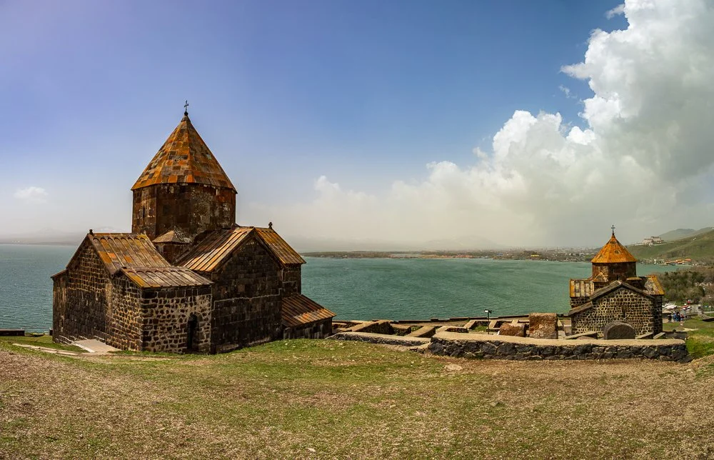   Sevanavank Monastery , perched on a rocky peninsula above Lake Sevan. Founded in the 9th century, only two black-stone churches remain now, surrounded by khachkars and open sky. Lake Sevan is the largest freshwater lake in the Caucasus; Armenians c