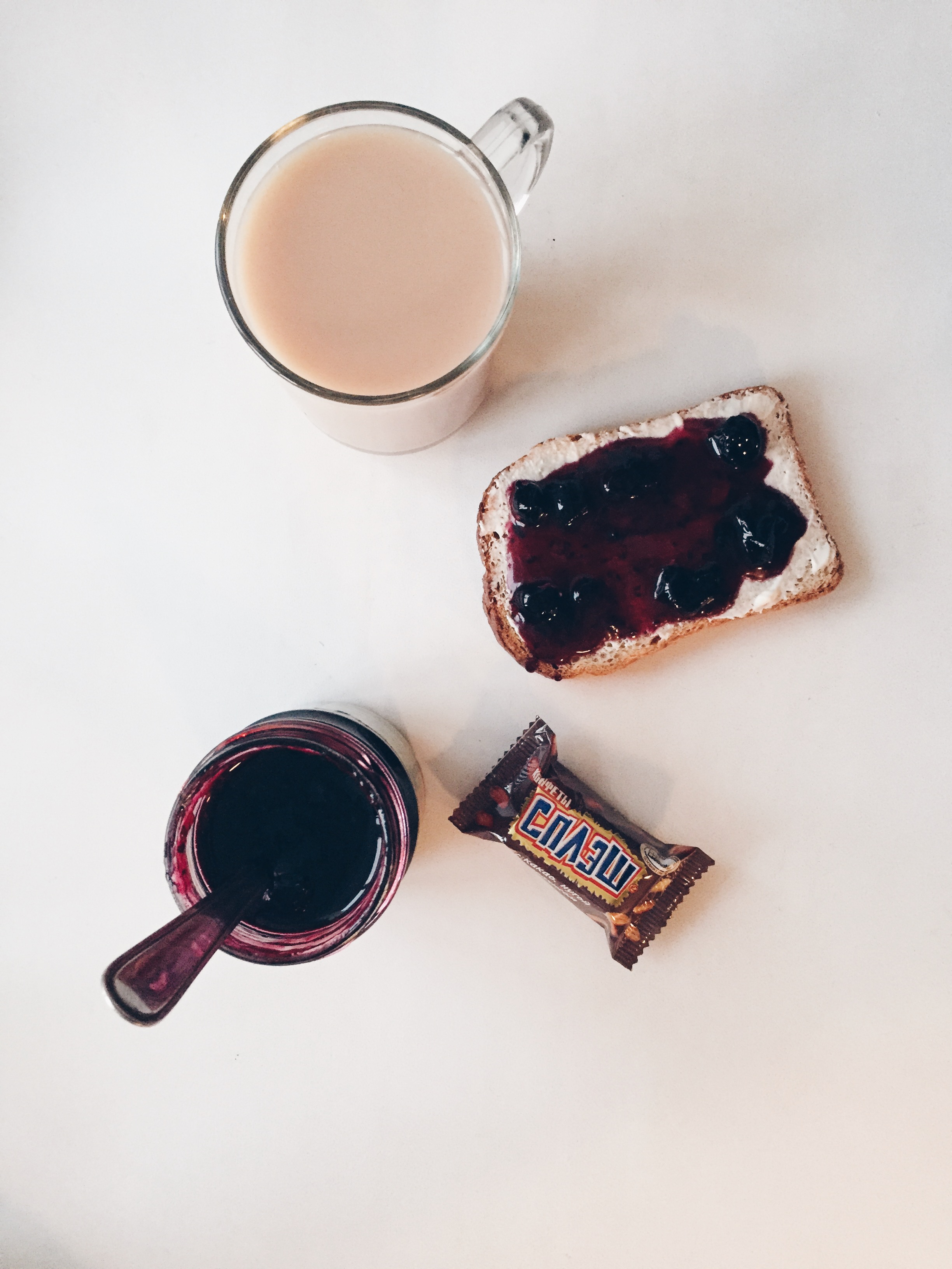 A Snickers-esque candy, homemade black currant jam, and some sweet chai.