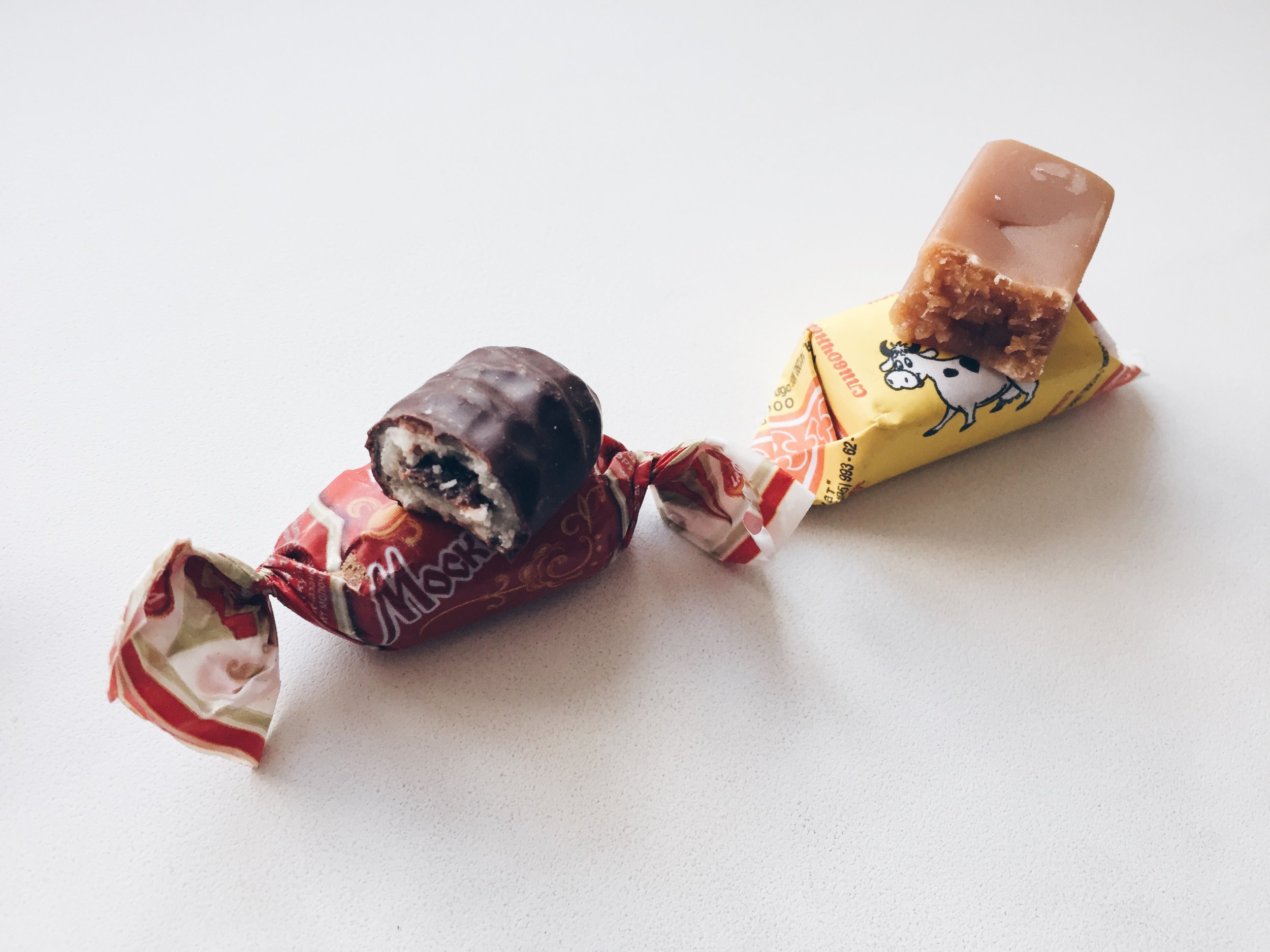 Left: Chocolate with some sort of filling that surrounds another gob of chocolate. Descriptive, I know. Right: Caramel that crumbles...neither of these are all that great.
