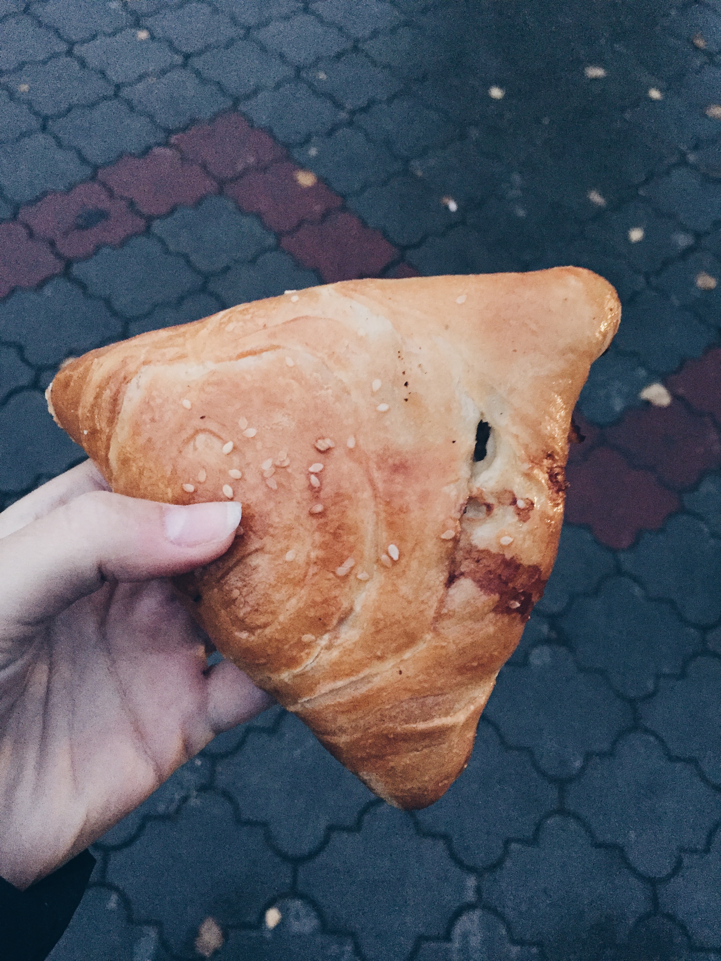 A savory pie, filled with onions and peppers.