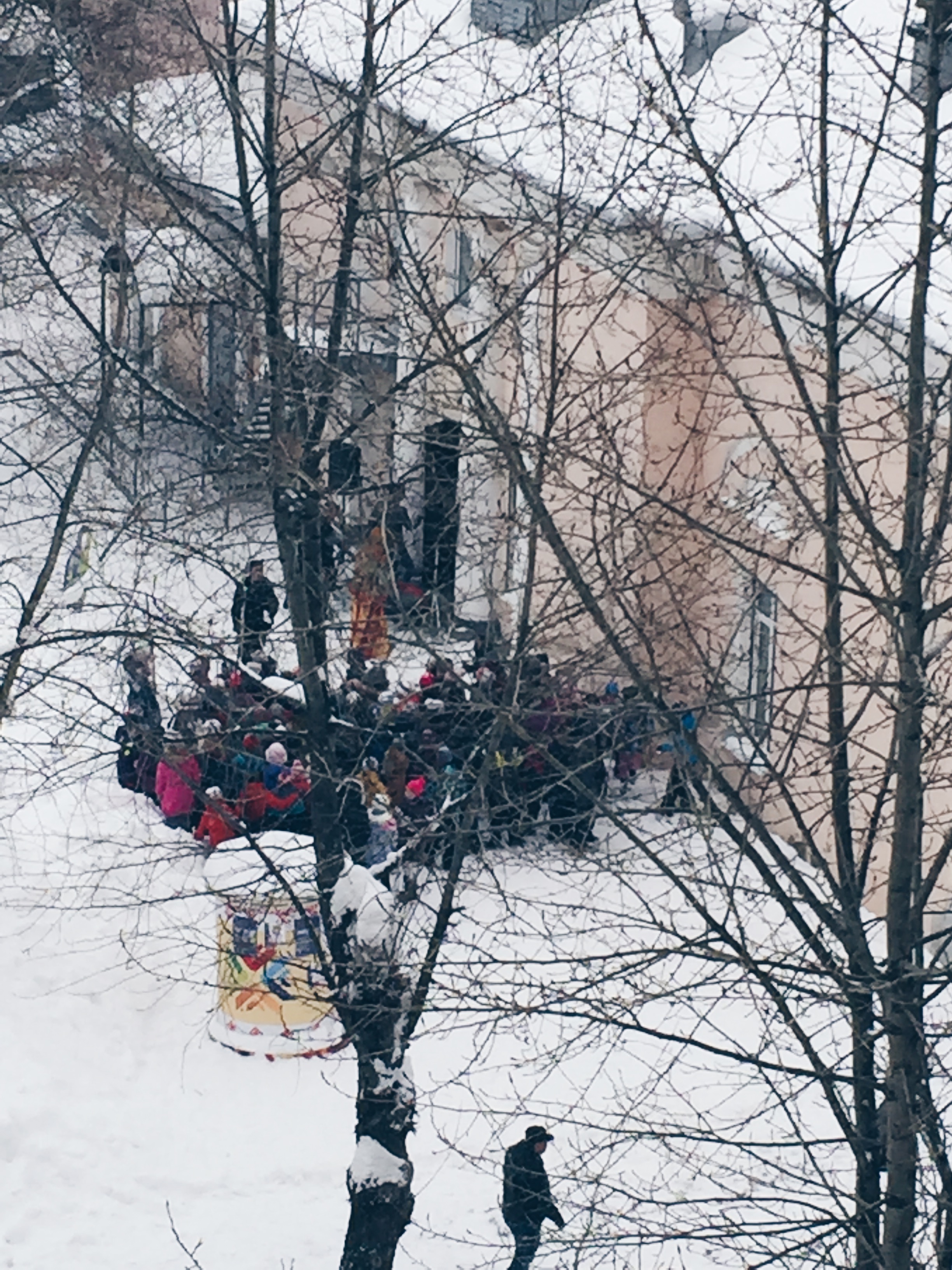 School children gather for an event at the old theatre across from our apartment.
