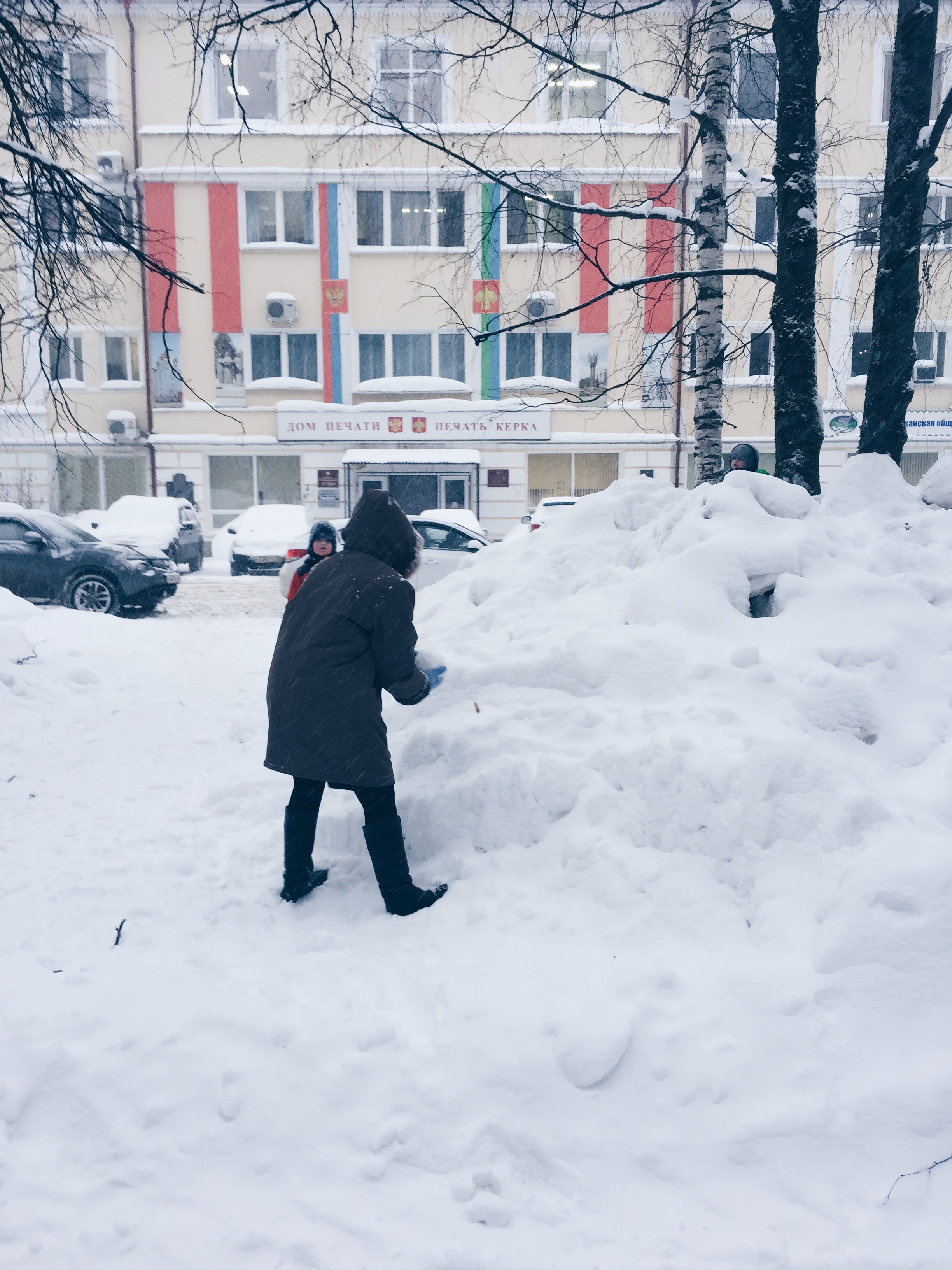 Mother vs. sons snowball fight