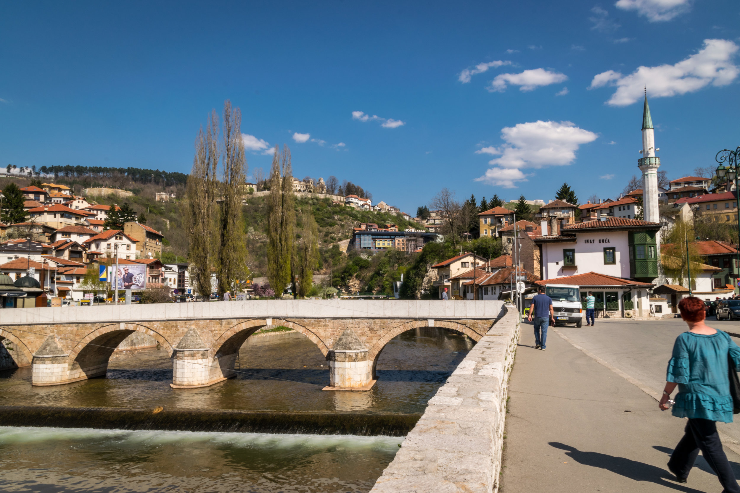 Inat kuća on the right, a house moved across the river brick by brick to make way for development a century ago