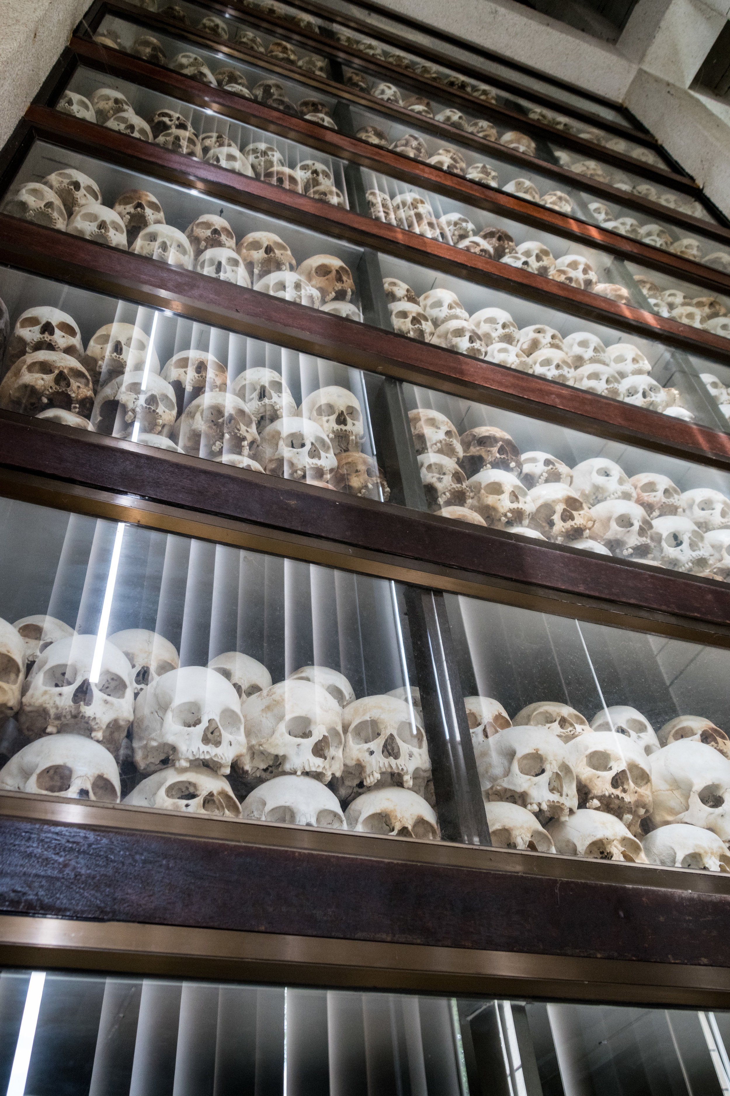 carefully preserved skulls of victims inside the Memorial Stupa