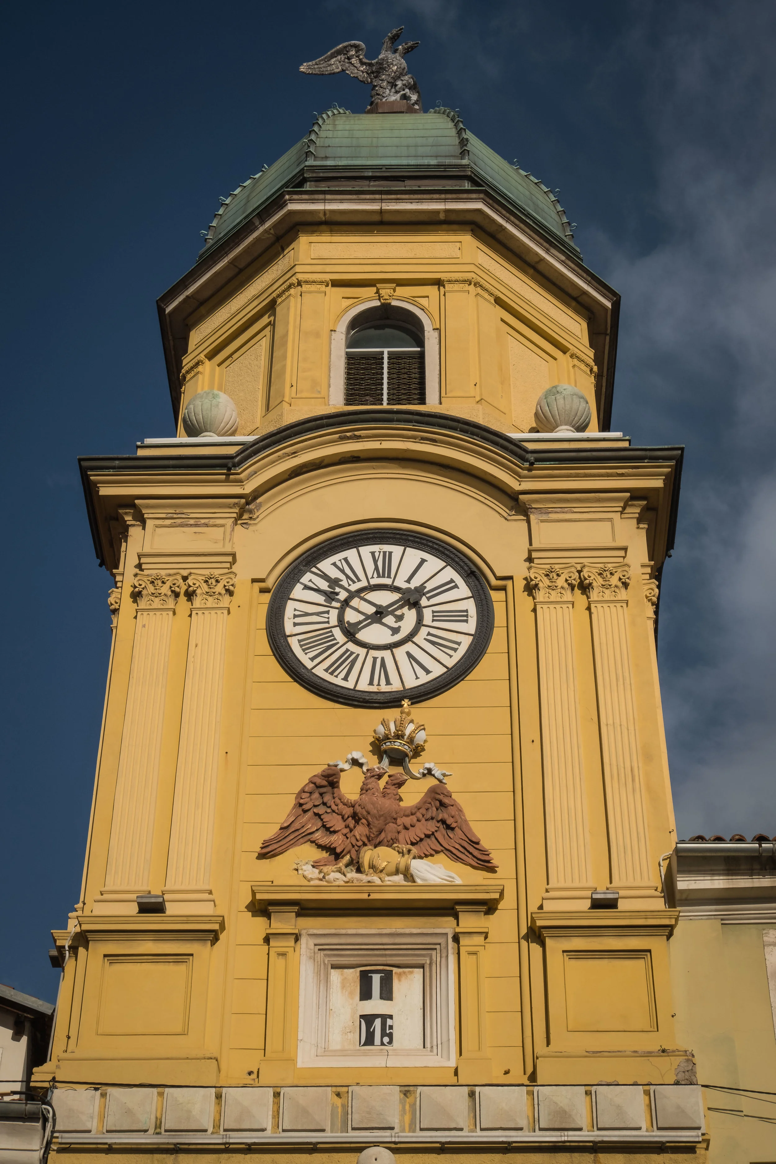Rijeka's clock tower with double-headed eagles