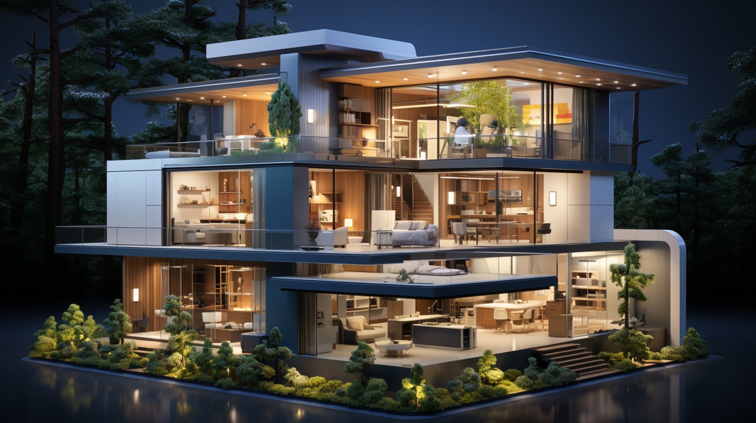 Cross-section of a modern multi-story house at night, showing illuminated interior rooms, balconies, and surrounding landscaping with trees and shrubs.