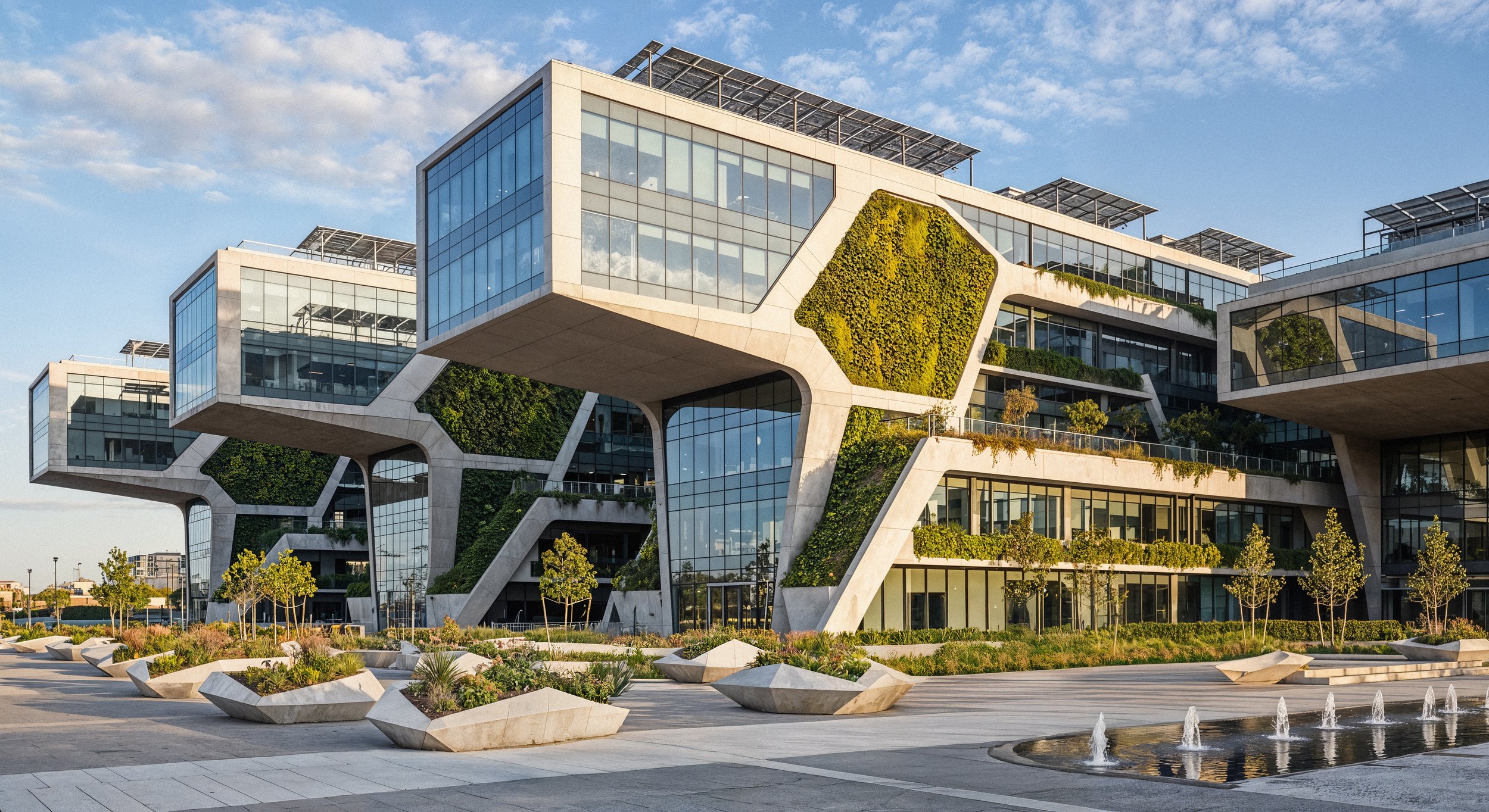 Modern building with glass walls and green wall accents, surrounded by small trees and decorative landscaping, under a partly cloudy sky.