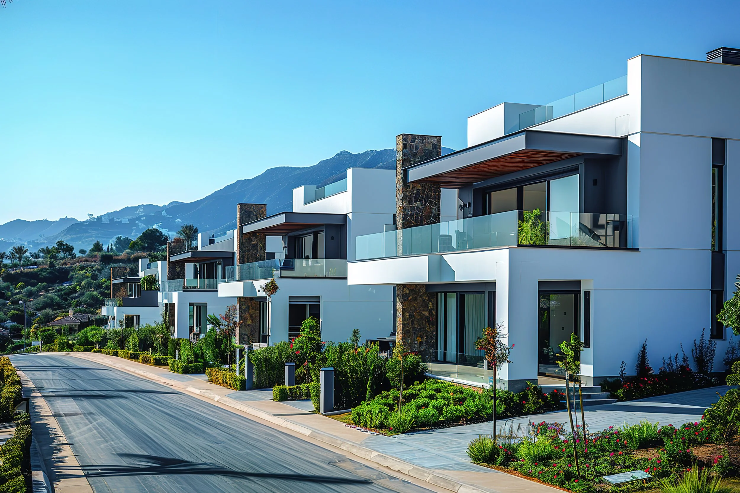 Modern white multi-story residential buildings with glass balconies and lush landscaping, set against a mountainous backdrop.