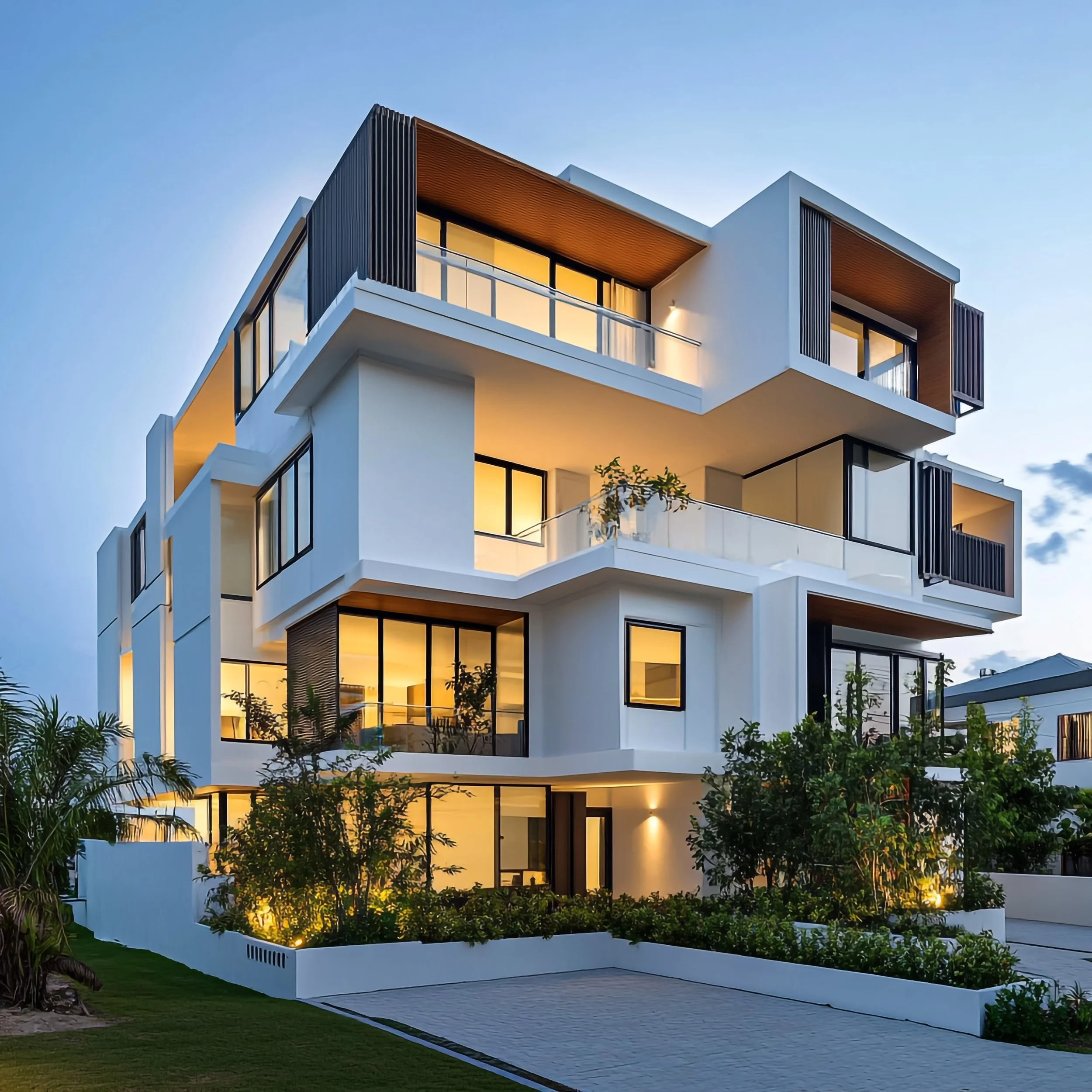 Modern multi-story white residential building with large windows and balconies, surrounded by greenery, illuminated during dusk.