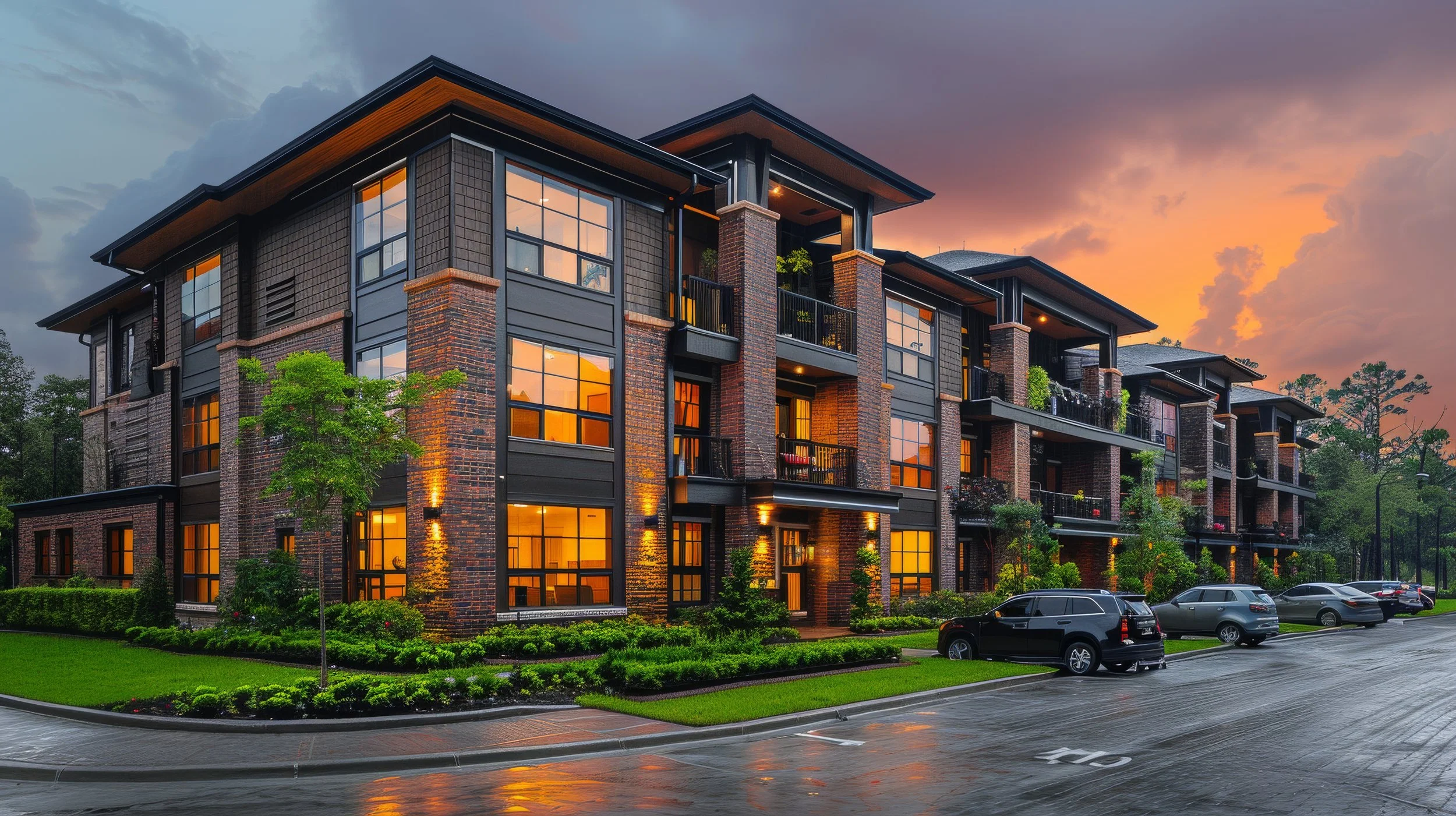 Modern multi-story apartment building with large glass windows, brick and dark gray siding, balconies, and well-maintained landscaping at sunset.