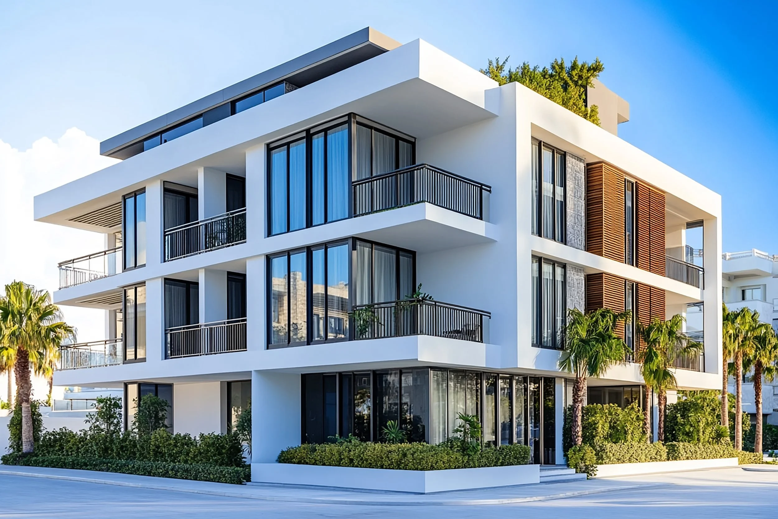 Modern white multi-story residential building with large glass windows, black railings, and outdoor balconies, surrounded by palm trees and green shrubbery.