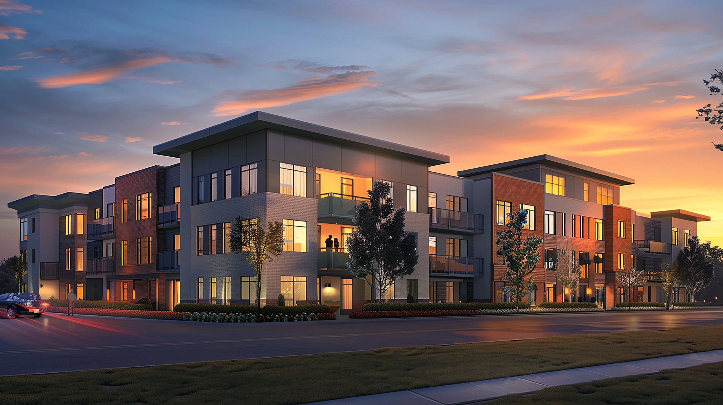 Modern multi-story apartment complex at sunset with lit windows, trees, and a road in front.