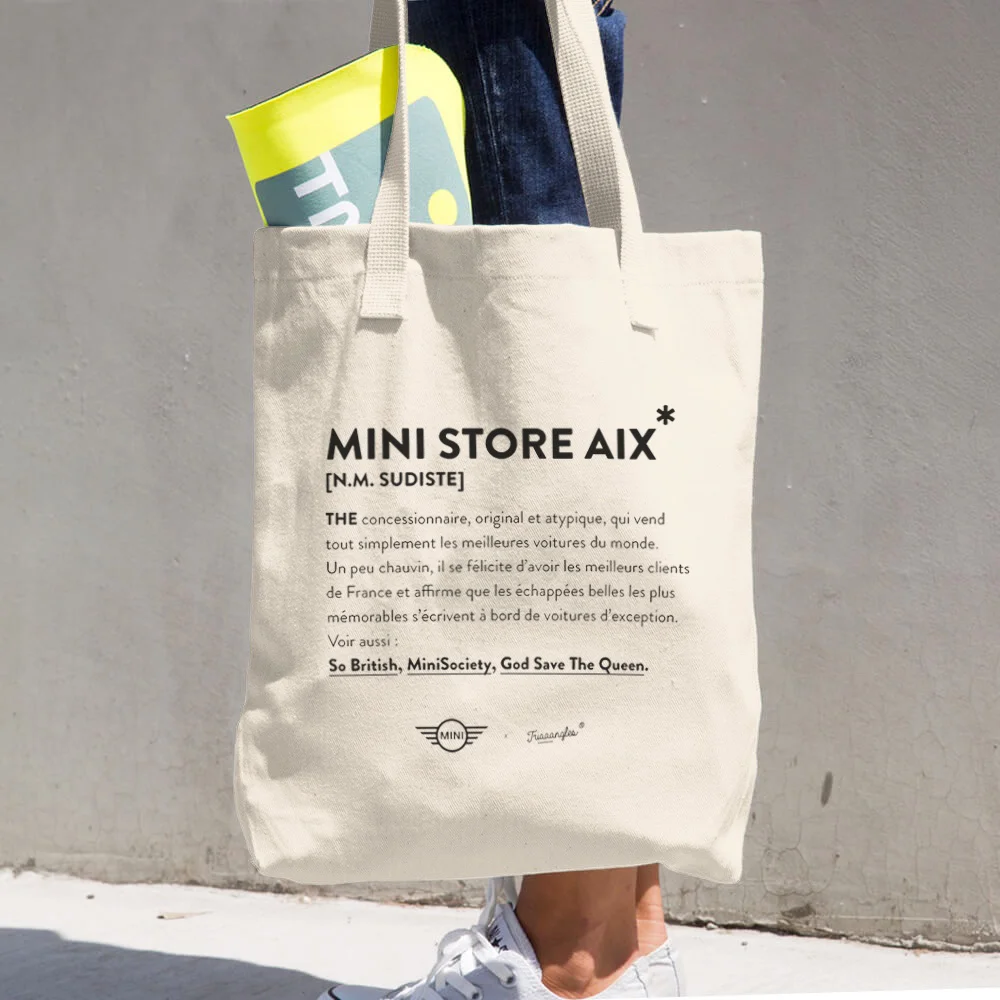 Le totebag réalisé pour MINI Aix-en-Provence, à récupérer au bar tout au long de leur soirée de présentation de leurs nouveaux modèles - Juin 2018.