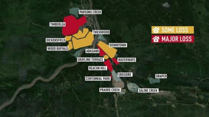 A map of Fort McMurray showing areas that have been damaged by the fire.