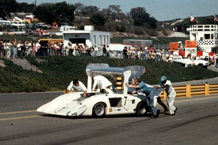 Pushing the oil-starved 2H out of the way at Laguna Seca, 1969.