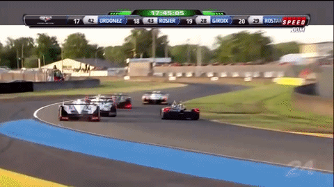 The moment when the No. 7 Toyota TS030 Hybrid of Kazuki Nakajima made contact with the No. 0 Nissan DeltaWing of Satoshi Motoyama