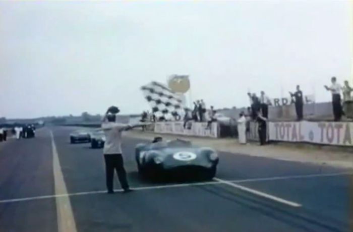 The No. 5 David Brown Racing Dept. DBR1 crossing the finish line to win the 1959 24 Hours of Le Mans
