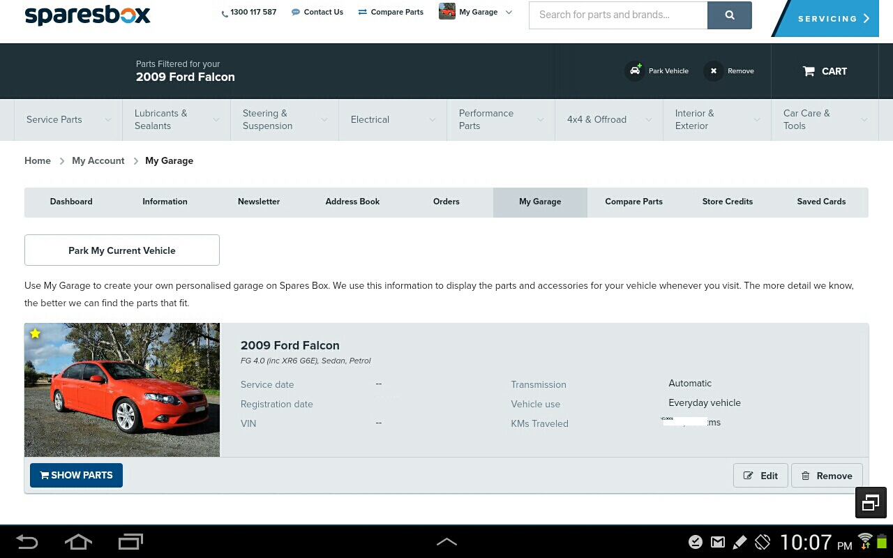 The garage feature makes searching for parts easier
