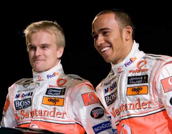 Heikki and Lewis at the launch of the MP4-23 at Stuttgart
