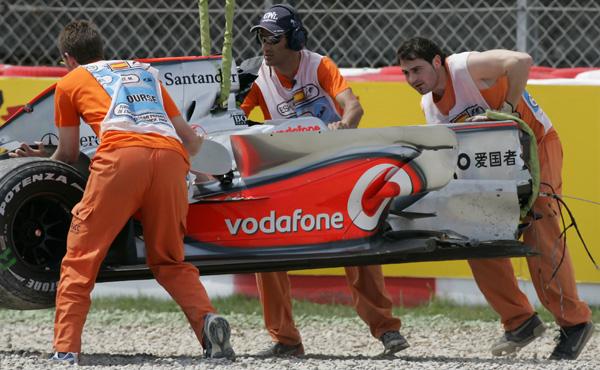 The front end of Kovalainen's McLaren completely destroyed after his hard shunt at Catalunya