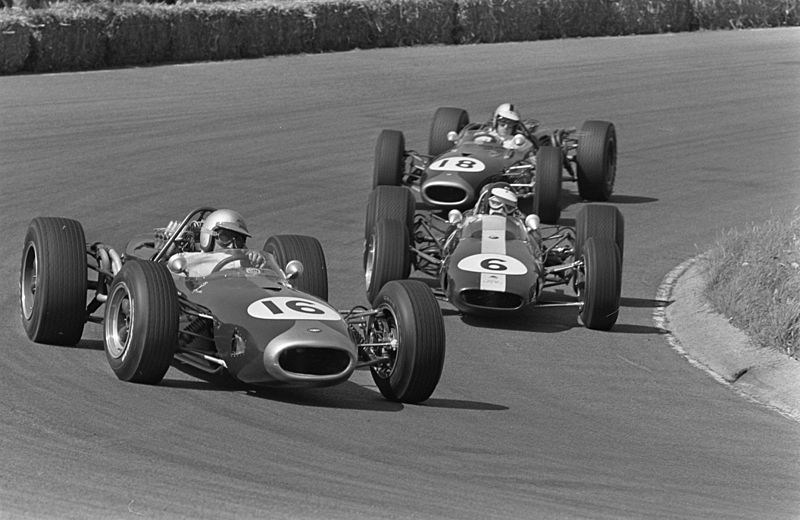 Jack Brabham's Brabham BT19 leads Jim Clark's Lotus 43 and Denny Hulme's Brabham BT20 at the Dutch GP