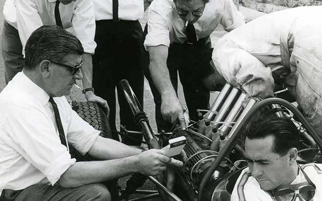 Phil Irving with Jack Brabham at the Tasman Series round at Sandown, february 1966