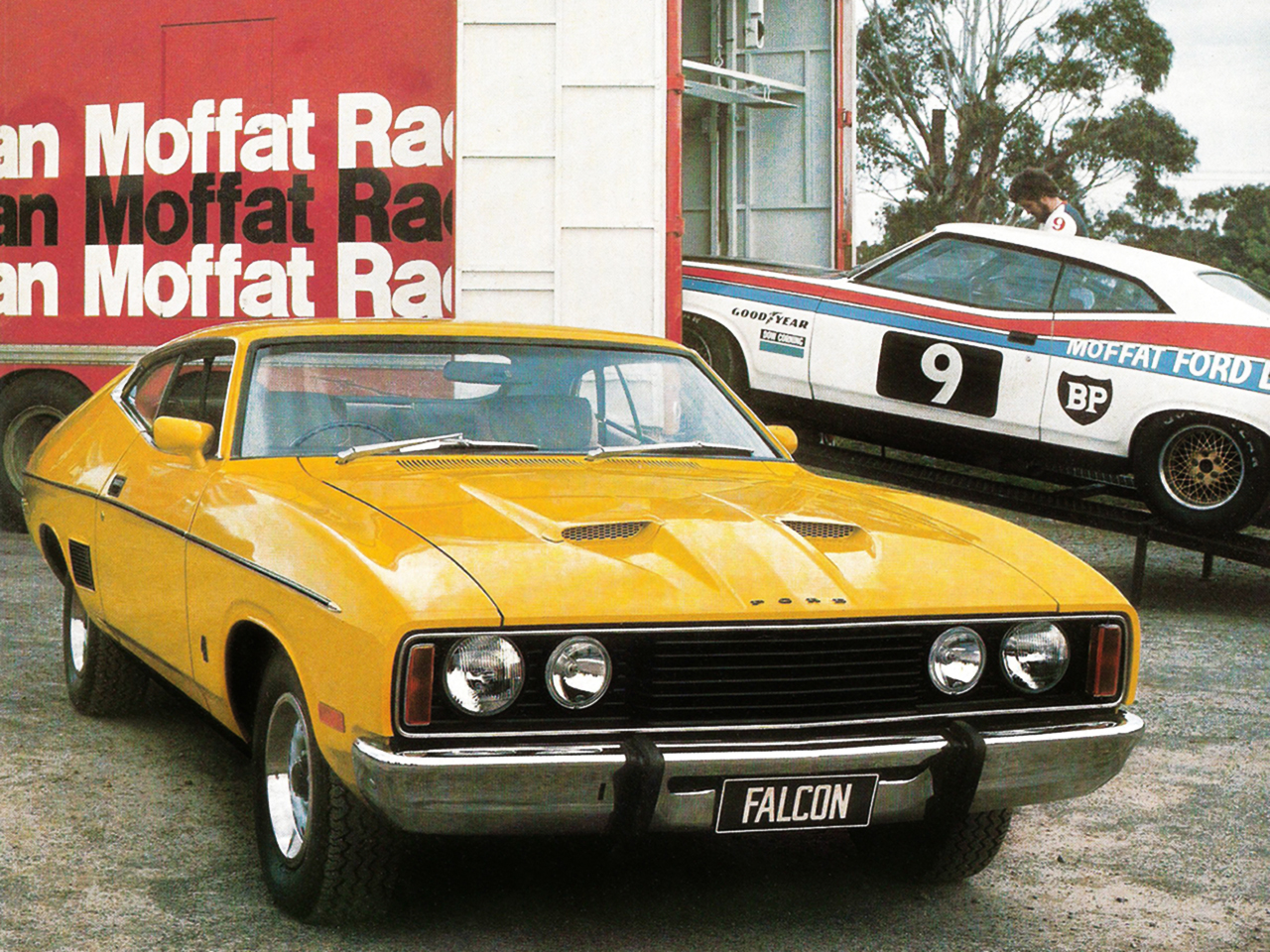 Promotional material for the XC Ford Falcon Hardtop. The race car's XB-body has been cleverly hidden from view