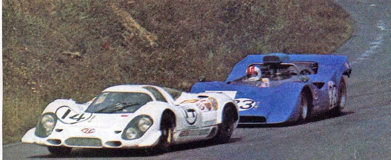 Porsche's 917 being chased by the Takahashi/Tohira R382.
