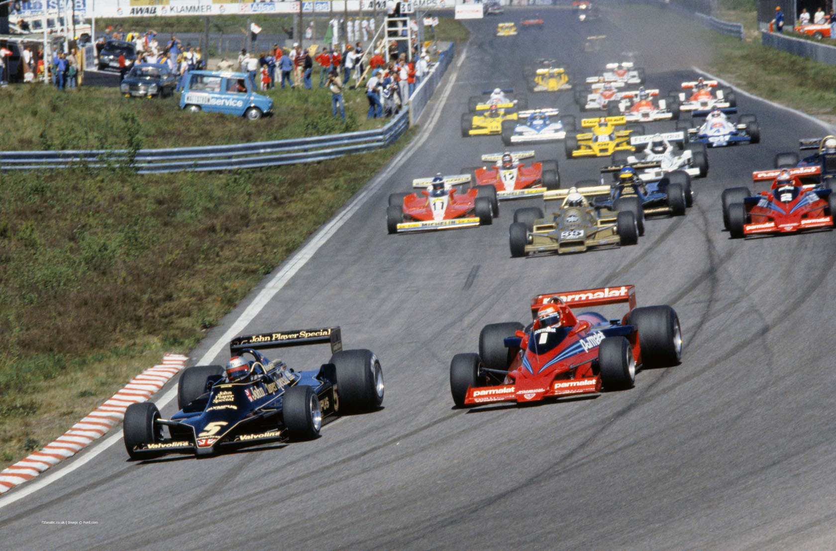 Start of the 1978 Swedish Grand Prix. Niki Lauda immediately pounces on Mario Andretti.