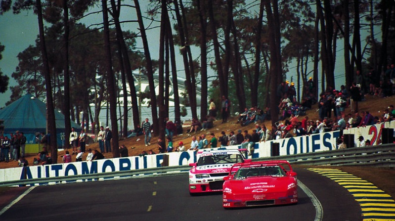 The Corvette battling the Nissan Skyline GT-R LM, Le Mans 1995.